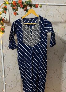 Navy Striped Embroidered Kurti