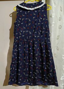 Navy Blue Cute Cat Print Collar Sleeveless Dress