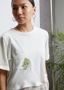 White Organic Tee with Floral Embroidery