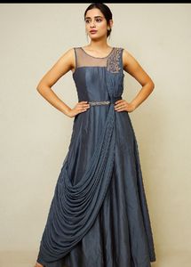 Stunning Metallic Blue Grey Drape Gown- Belt