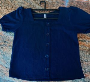 Navy Button-Down Puff Sleeve Top