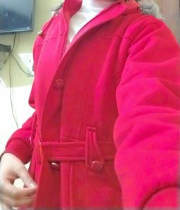 A Red Blazer With 3 Pockets &amp; belt On Waist