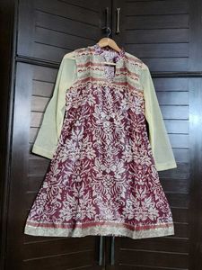Women Red Shiny Printed Kurta &amp; Dupatta
