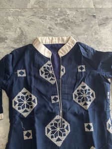 Elegant Navy Blue and White Embroidered Kurta Set