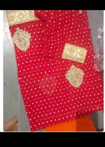 Red Bandhani Saree with Gold Embellishments