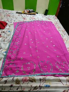 Lace Border Mirror HandWork Pink Saree,&amp; Petticoat