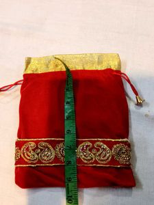 Red Velvet Embellished Drawstring Bag