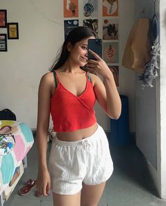 Red Crop Top &amp; White Shorts Set