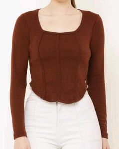 Brown Corset Detail Long Sleeve Top