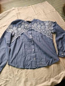 Embroidered Yoke &amp; Sleeve Grey Shirt Top