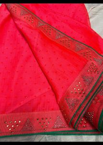 Red Orangish Saree Without Blouse