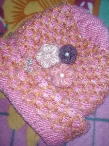 Cute Pink Knitted Beanie with Flowers