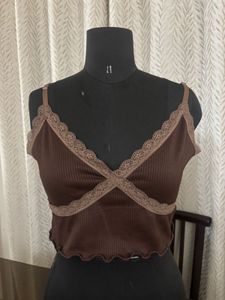 Brown Lace Trim Cami Top