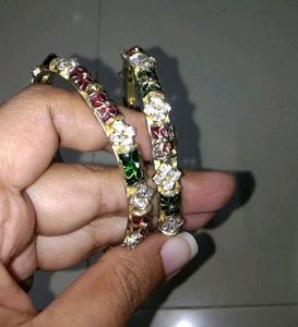 2 Bangles,  Kada With Studs And Red &amp; Green