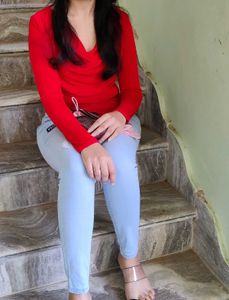 Red V-Neck Long Sleeve Top