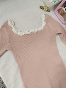 Blush Pink Top With Lace Neck