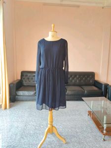 Navy Chiffon Long Sleeve Dress