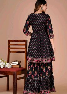 Black Printed Cotton Kurta Set With Sharara 🖤