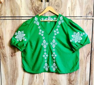 Green Embroidery Work Cotton Top Size-44