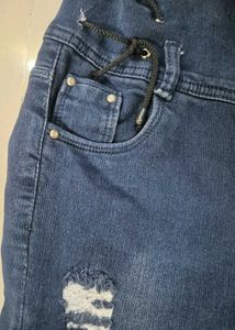 High-Waist Distressed Skinny Jeans – Dark Blue