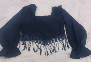 Pretty Tasseled Blue Crop Top