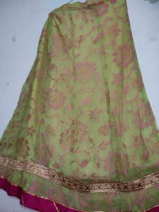 Elegant Green &amp; Pink Floral Lehenga Skirt