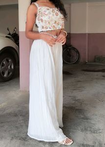 White Embroidered Crop Top with Palazzo