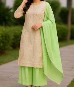 🪄Elegant Beige Embroidered Dress with Lime Green