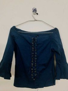 Navy Blue Lace-Up Off-Shoulder Top