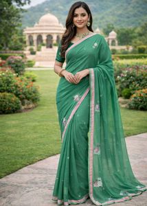 Elegant Green Floral Saree(with blouse)