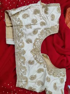 Red Saree With Contrast Cream Colour Heavy Blouse