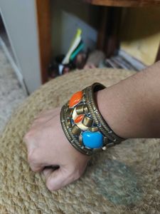 Vintage Pure Brass Stone Cuff Bracelet (Kada)