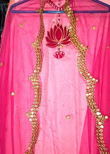 Pink Mirror Work Dupatta & Headpiece
