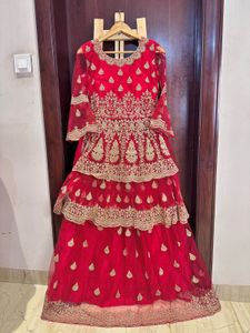 Red Embroidered Frock Style Lehngha Choli
