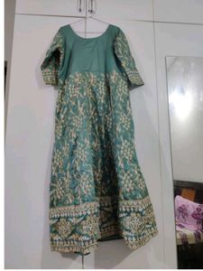 Full Embroidery Sea Green Gown With Pink Dupatta