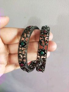 Oxidised silver stone studded Bangle Set