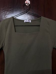 Ribbed Olive 3 4 Sleeves Top