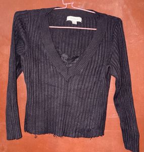 Black V-Neck Knit Top