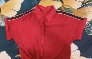 Red Tie-Front Button Down Top