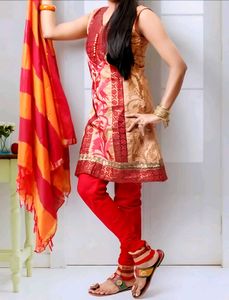 Silk Kurta Set with Embroidery in Multicolour