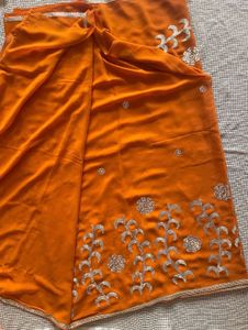 Orange Sequinned Heavy Saree