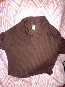 Brown Ribbed Crop Top