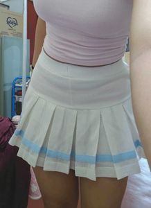 White Pleated Skirt with Blue Stripe