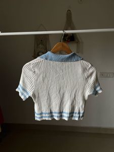 White &amp; Blue Knitted  Polo Crop Top
