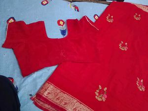 Red Worked Saree With Stitched Blouse