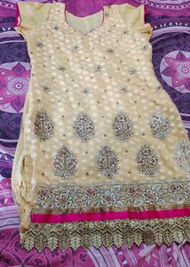 Cream And Pink Stiched Kurti