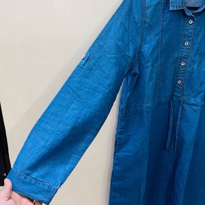Women Blue Pure Cotton Solid Denim Shirt Dress