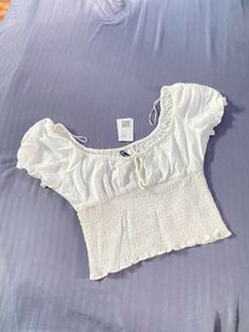 H&amp;M White Smocked Crop Top