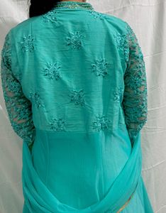 Elegant Turquoise Embroidered Anarkali With Duppat