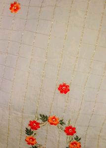 Cream Colored Saree, Golden Thread Work